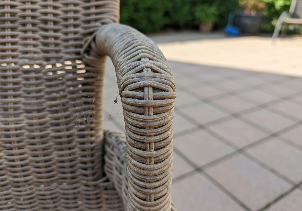 Close-up of wicker patio furniture with a few spider webs caught in the weave