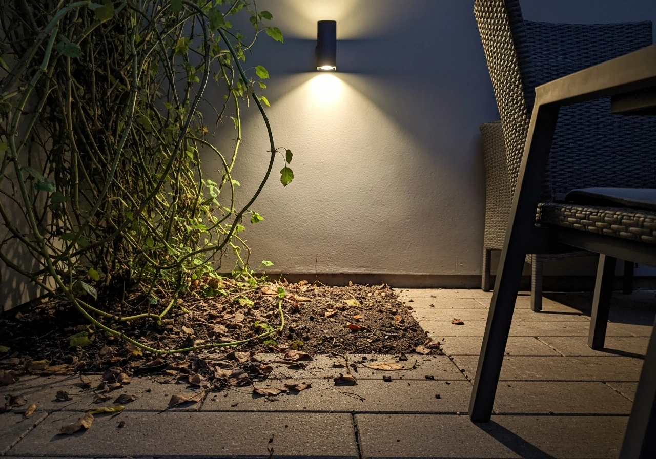 Patio corner with overgrown plants, damp ground, and an outside light casting glow—showing spider attractants