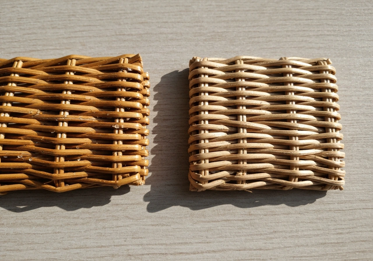 Close-up side-by-side natural rattan with tiny cracks versus smoother synthetic wicker weave.
