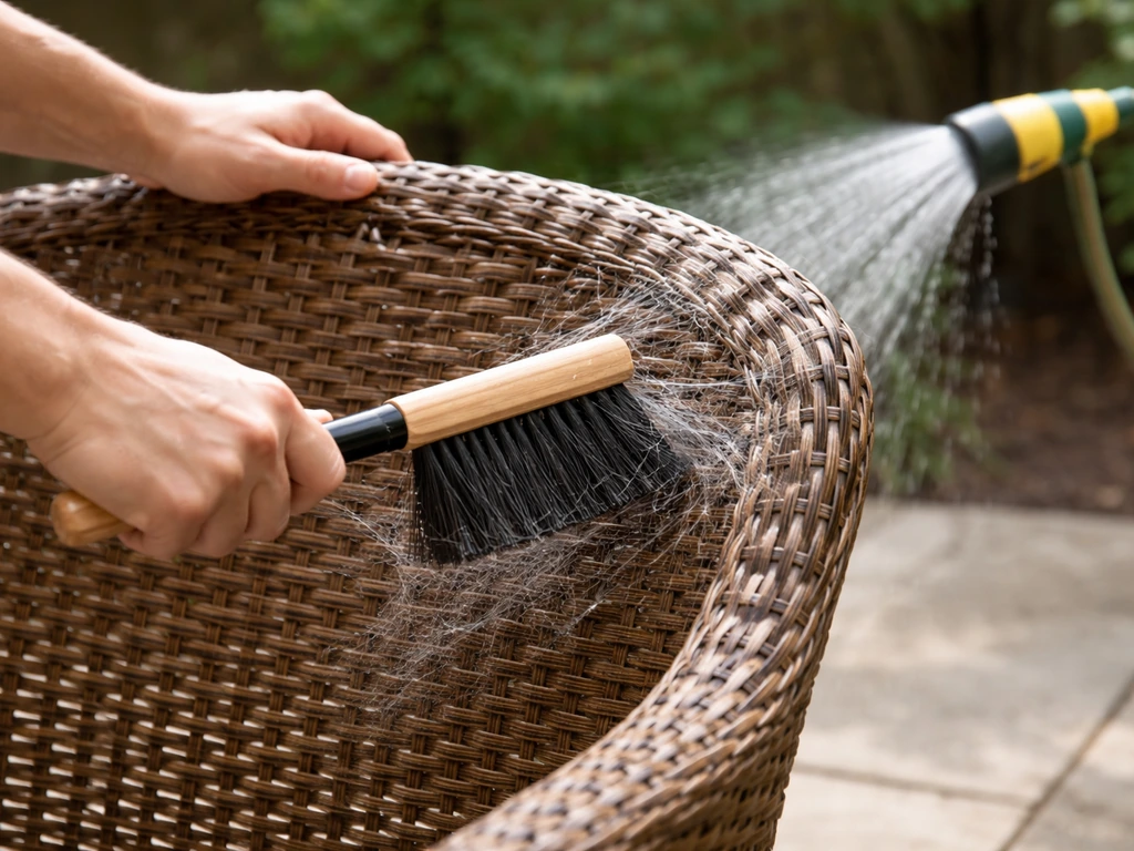 Person using a broom to knock down spider webs from wicker furniture, with water spray nearby.