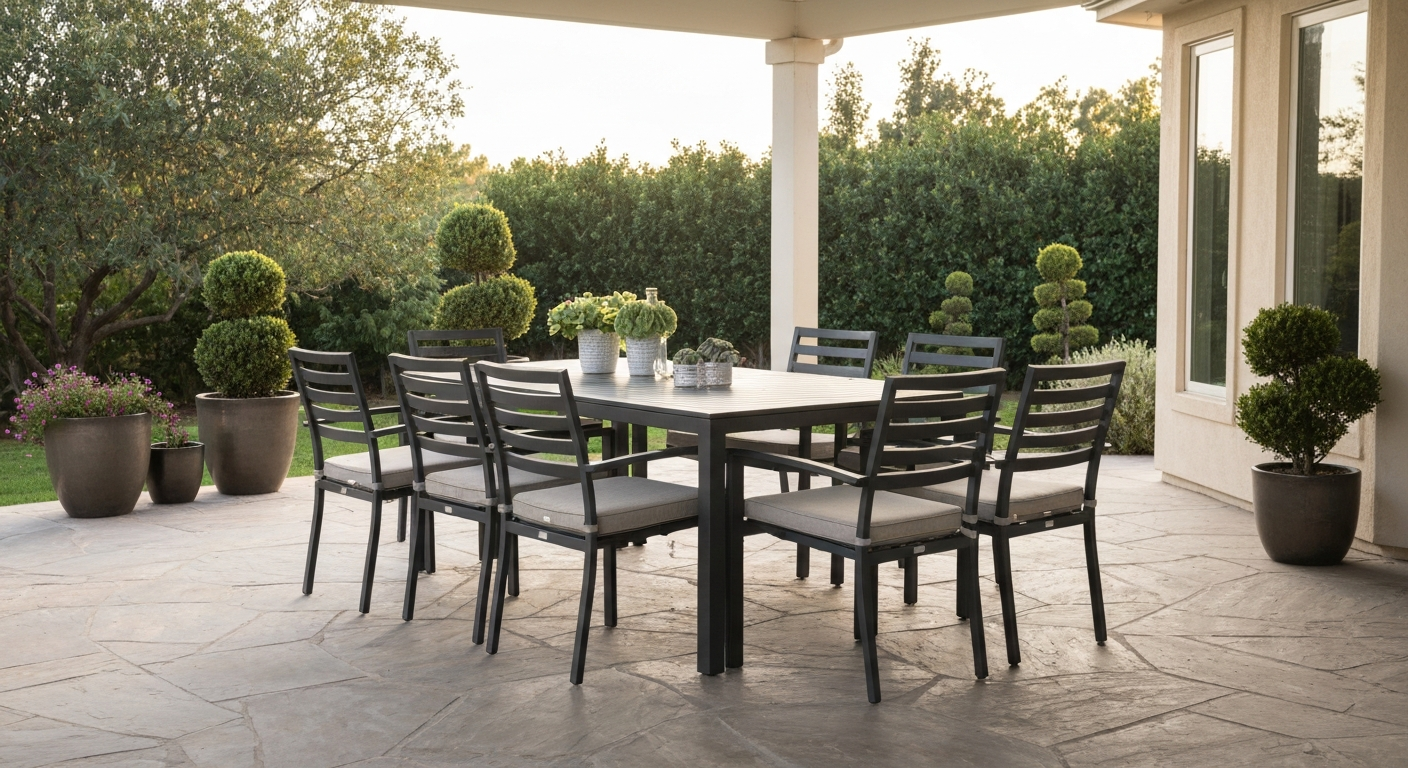 Powder-coated steel patio dining set on a shaded backyard patio showing sturdy frames and cushions.