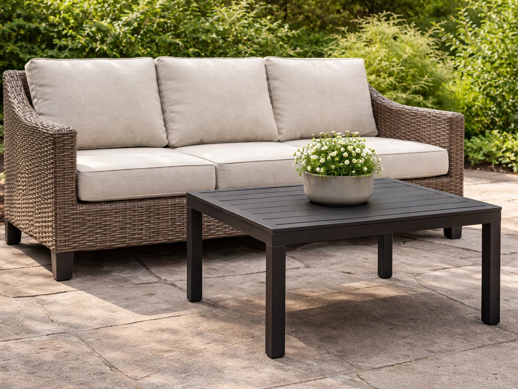 Outdoor patio with a sturdy rattan sofa and metal coffee table, showing durable materials in daylight.
