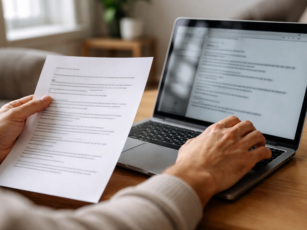 Anonymous hands comparing a furniture spec sheet and laptop material details indoors in natural light.