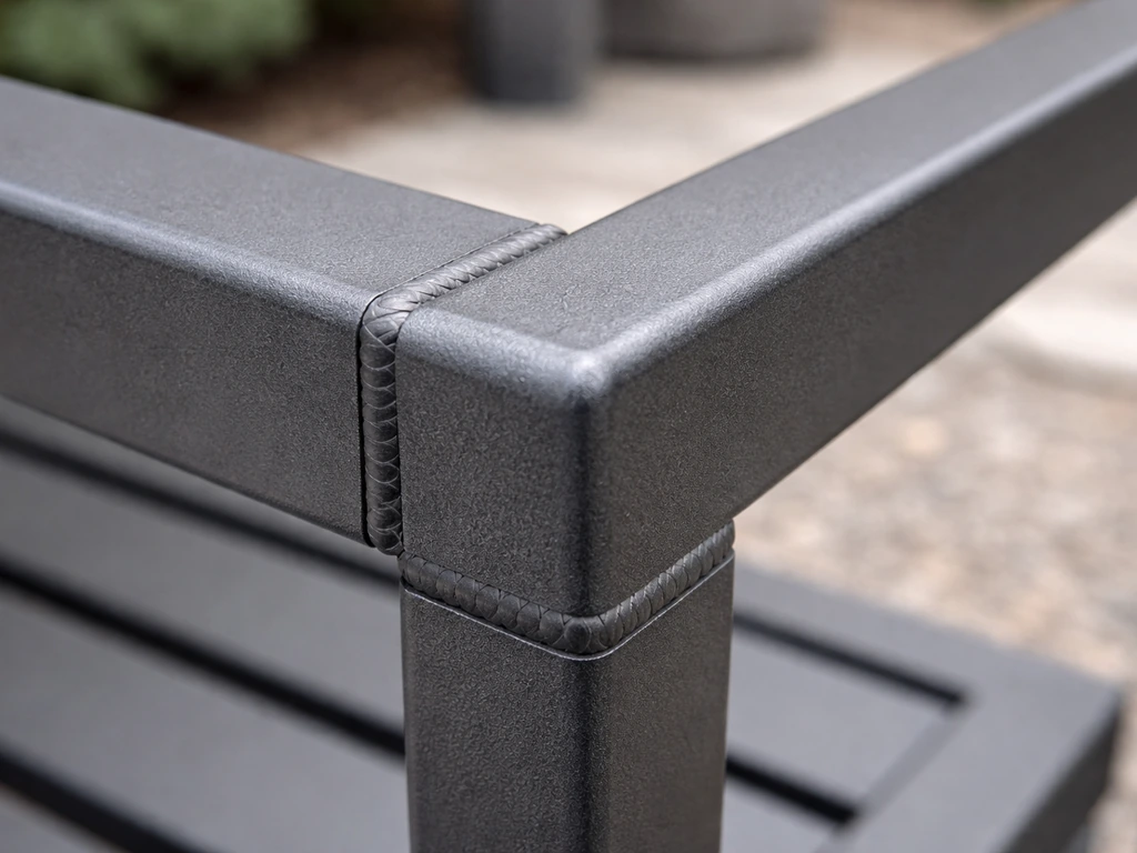 Close-up of an aluminum patio furniture frame with smooth welds, powder-coated finish, and corner joints