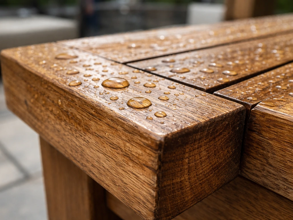 Close-up of weathered teak wood with water beading on patio furniture, showing end grain durability.