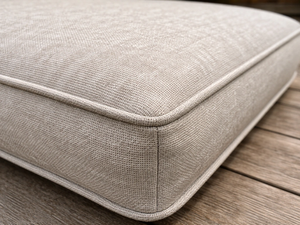 Close-up of an outdoor cushion showing solution-dyed fabric texture and neat seam piping.