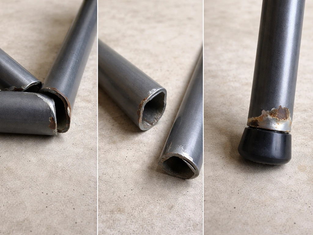 Close-up inspection of patio furniture parts showing wobble, thin tubing, loose joints, and chipped coating