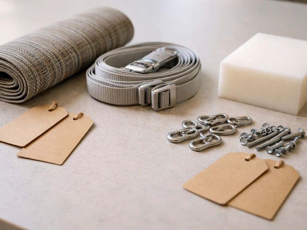 Close-up of patio sling fabric, straps, cushion foam, and hardware with overlapping price tags showing DIY vs pro costs.