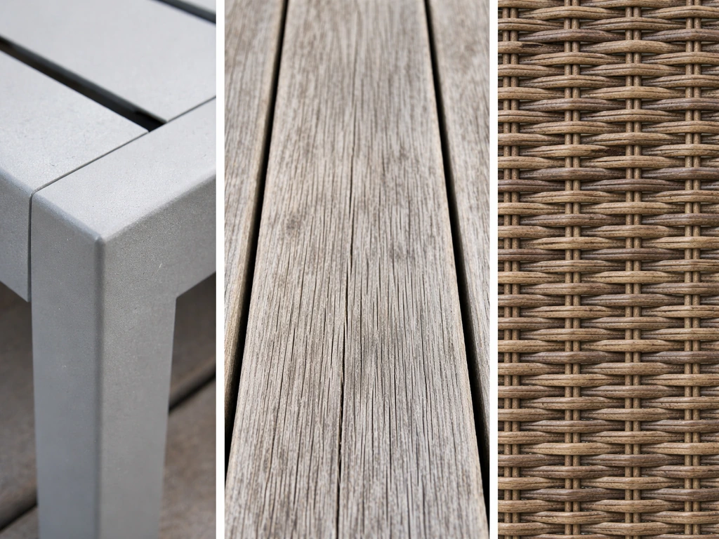 Side-by-side patio materials: powder-coated aluminum frame, weathered teak surface, and wicker/rattan weave.