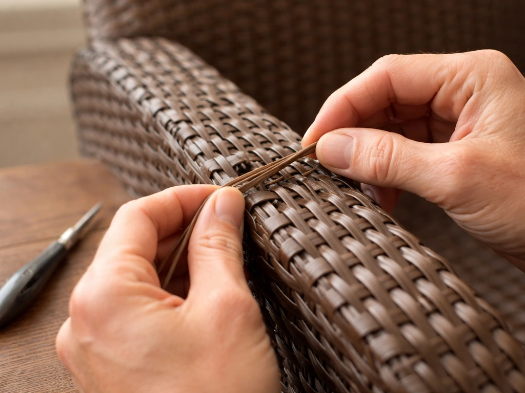 Hands re-weaving a loose synthetic resin wicker strand on a chair armrest in natural light.