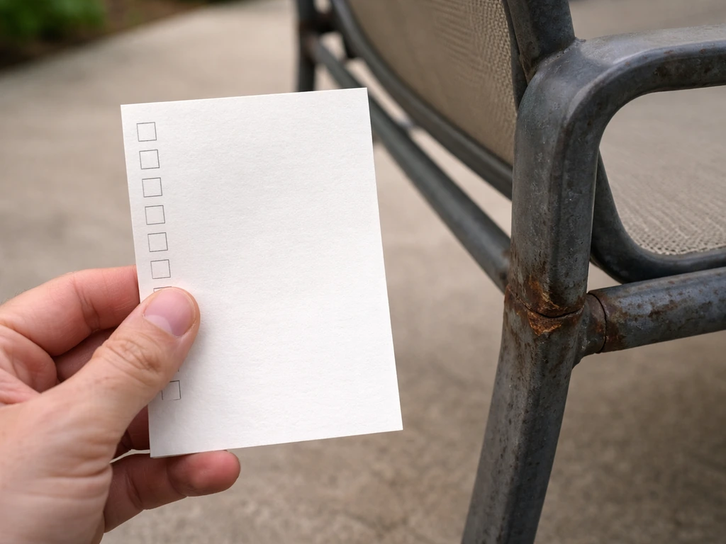 Hand holding a simple repair checklist beside a patio chair with visible rust and joint inspection details.