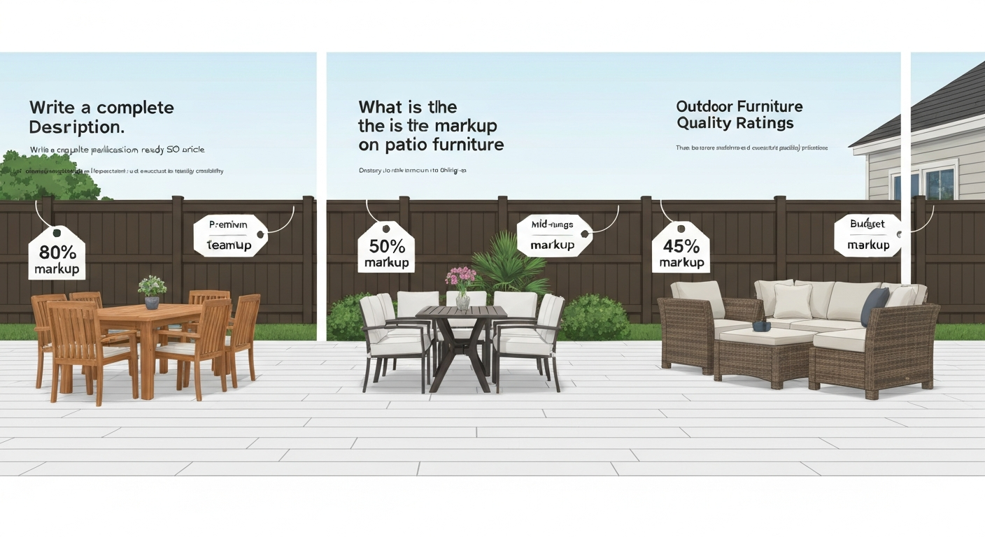 Illustration of three patio furniture sets (teak, aluminum, resin wicker) on a patio, each with a price tag and example markup percentage, showing how markups vary by retailer type.