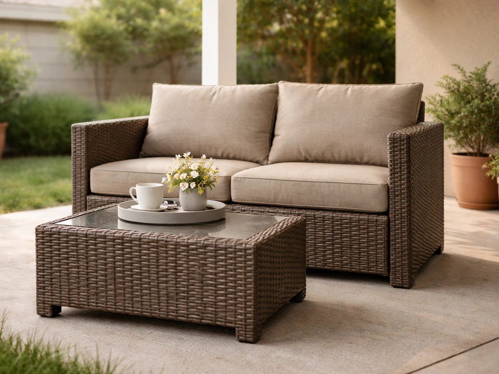 PE wicker patio furniture set on a covered backyard patio, emphasizing build and durability.