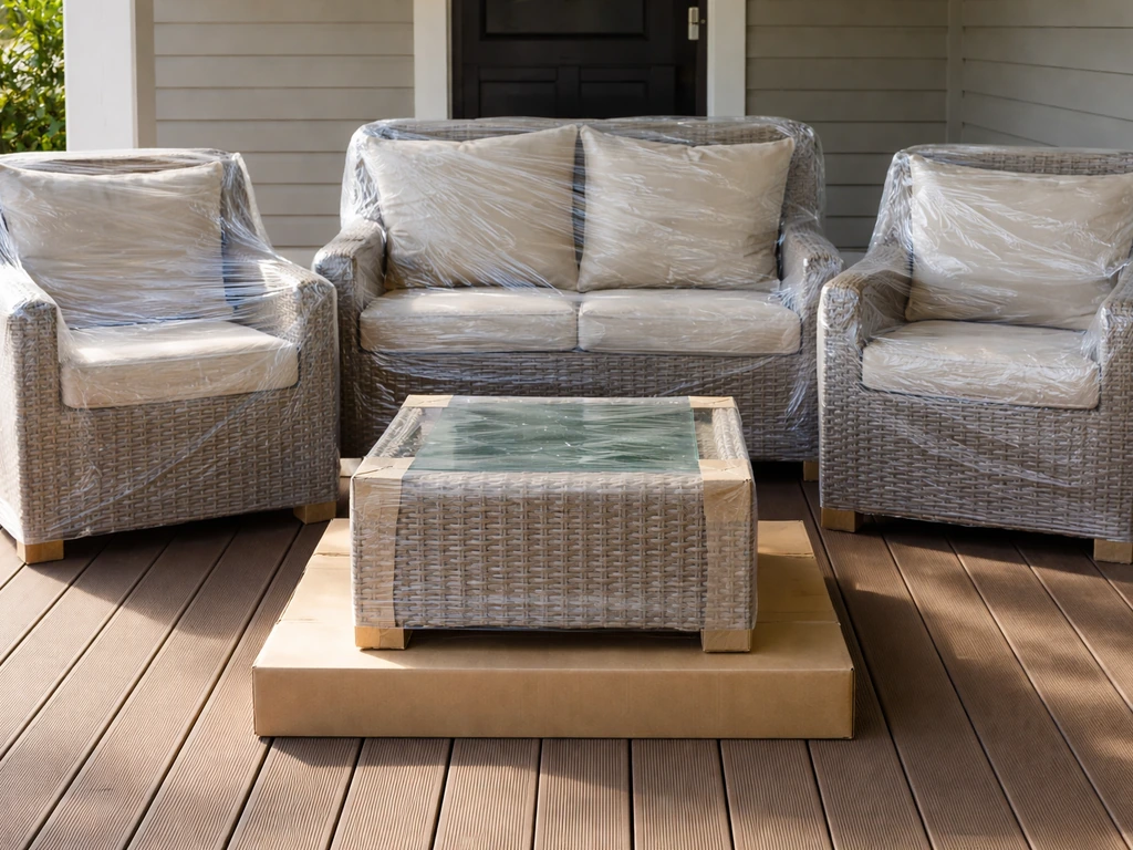 A boxed 4-piece PE wicker patio furniture set staged on a porch, ready for use.