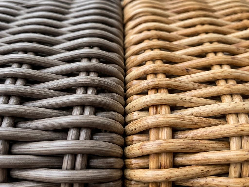 Close-up textures comparing outdoor PE wicker strands and natural rattan fiber side-by-side