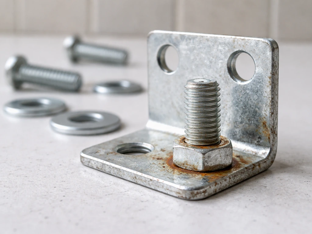 Close-up of zinc-coated hardware bolts and brackets with rust-like corrosion from humid conditions.