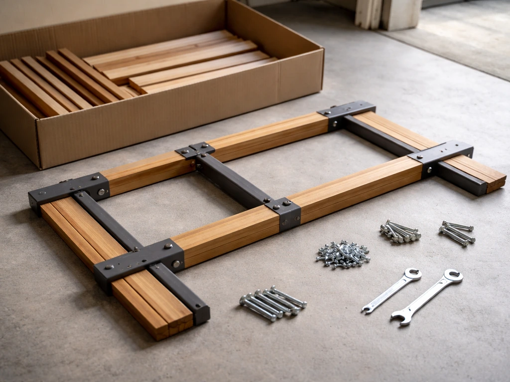 Flat-pack patio furniture parts laid out on the floor, aligned but not yet fully tightened.