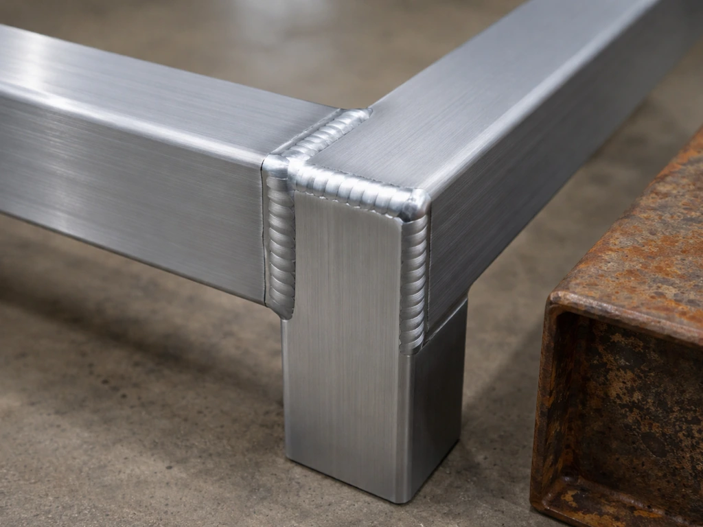 Close-up of an aluminum frame with clean welded joints, contrasted against corroded steel nearby.