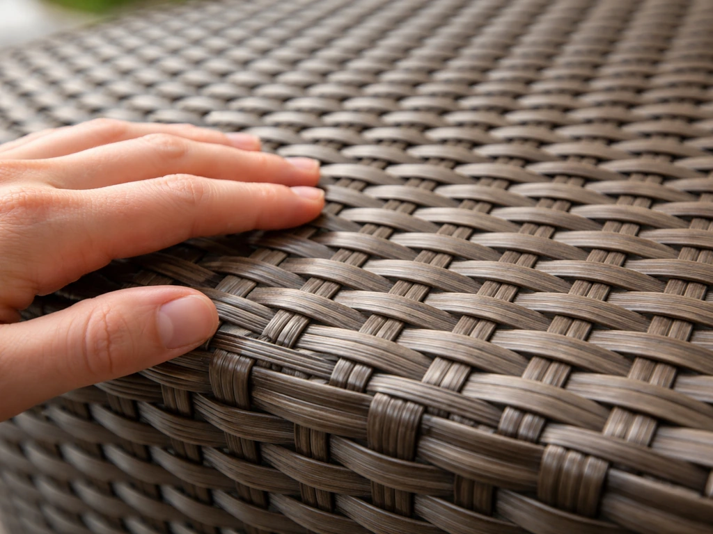 Close-up of an anonymous hand gliding over tight, uniform resin wicker with secure tuck/termination.