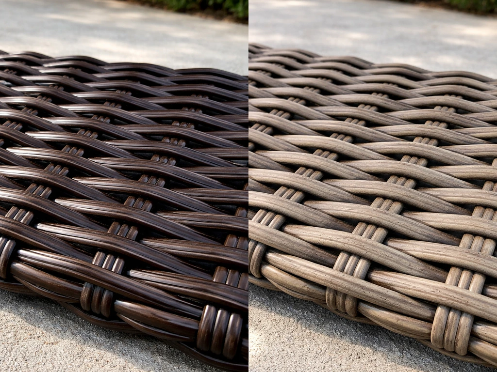 Close-up side-by-side resin wicker strands showing rich UV-stable color versus chalky faded color.