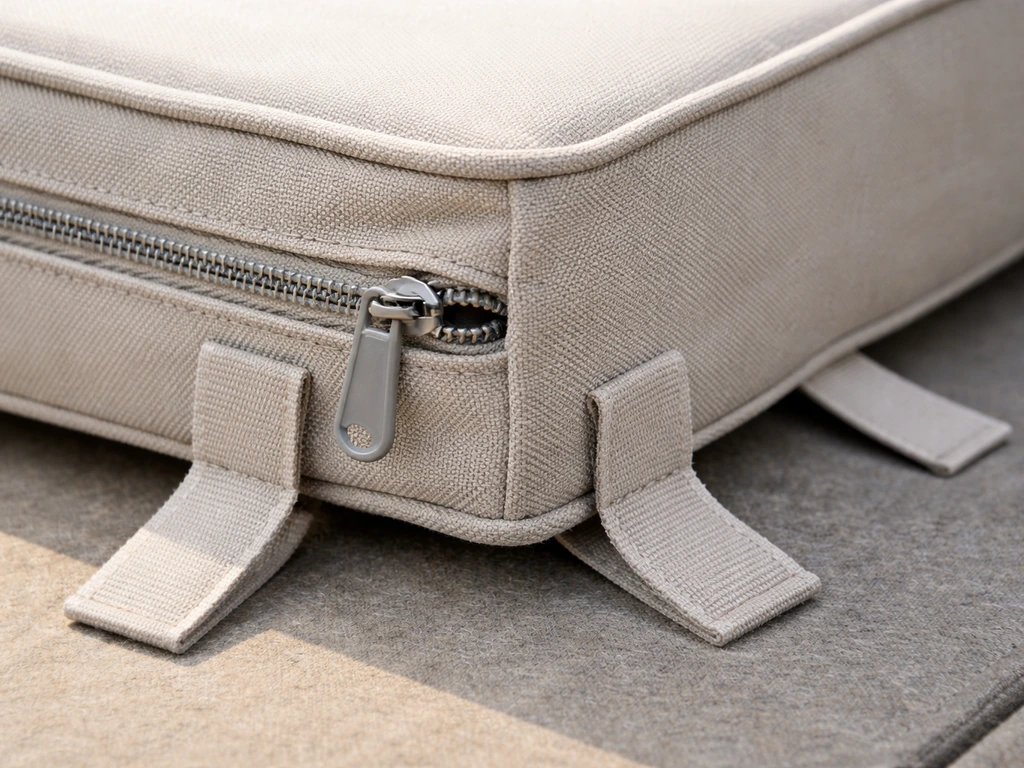 Close-up of a cushion cover with a corrosion-resistant zipper and fabric tie-down straps anchored in place