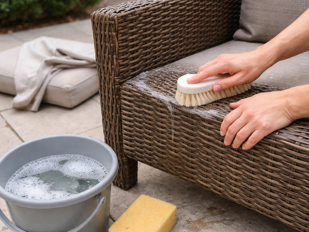Person cleaning resin wicker patio furniture with mild soap and water and soft brush; cushions stored nearby.