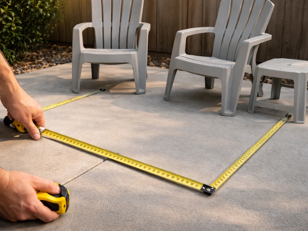 Person measuring a patio with a tape measure beside plastic patio furniture for sizing