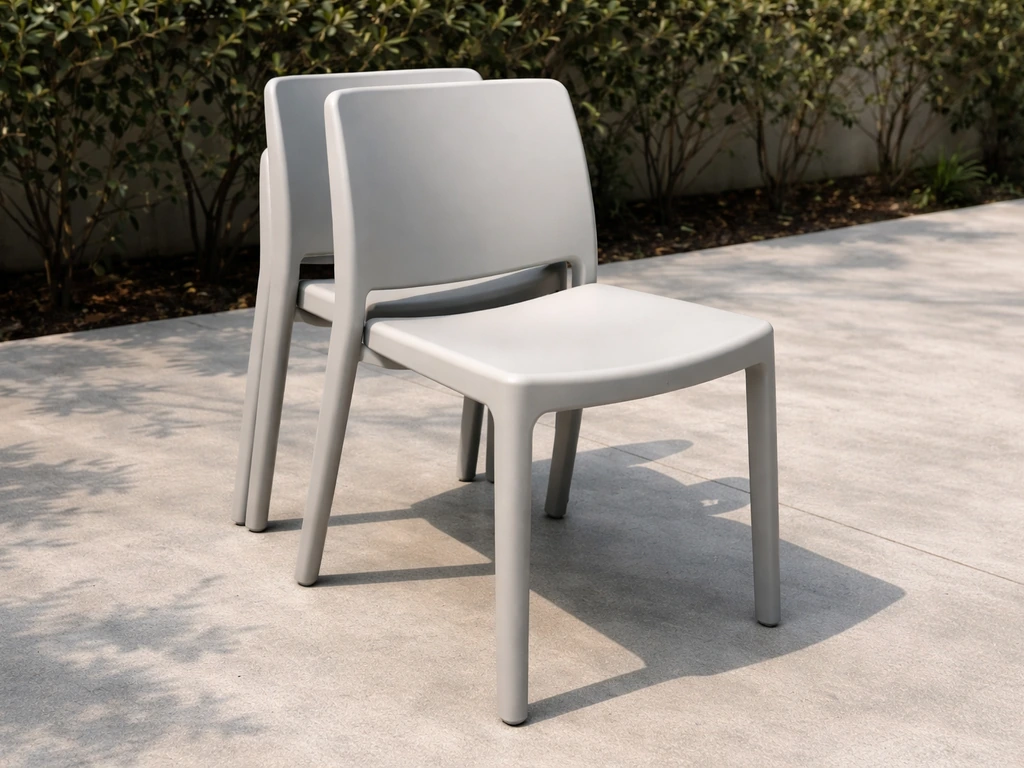 Two stackable plastic side chairs on a patio, showing thick molded sides and nesting storage.