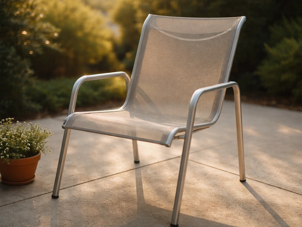 Outdoor sling chair with a breathable mesh seat on a patio in warm natural light