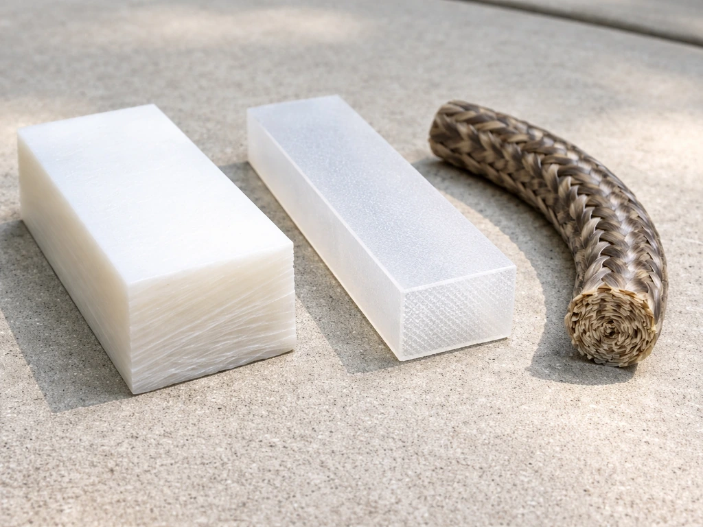 Close-up of three cut plastic samples on concrete, showing different cross-section textures for durability.