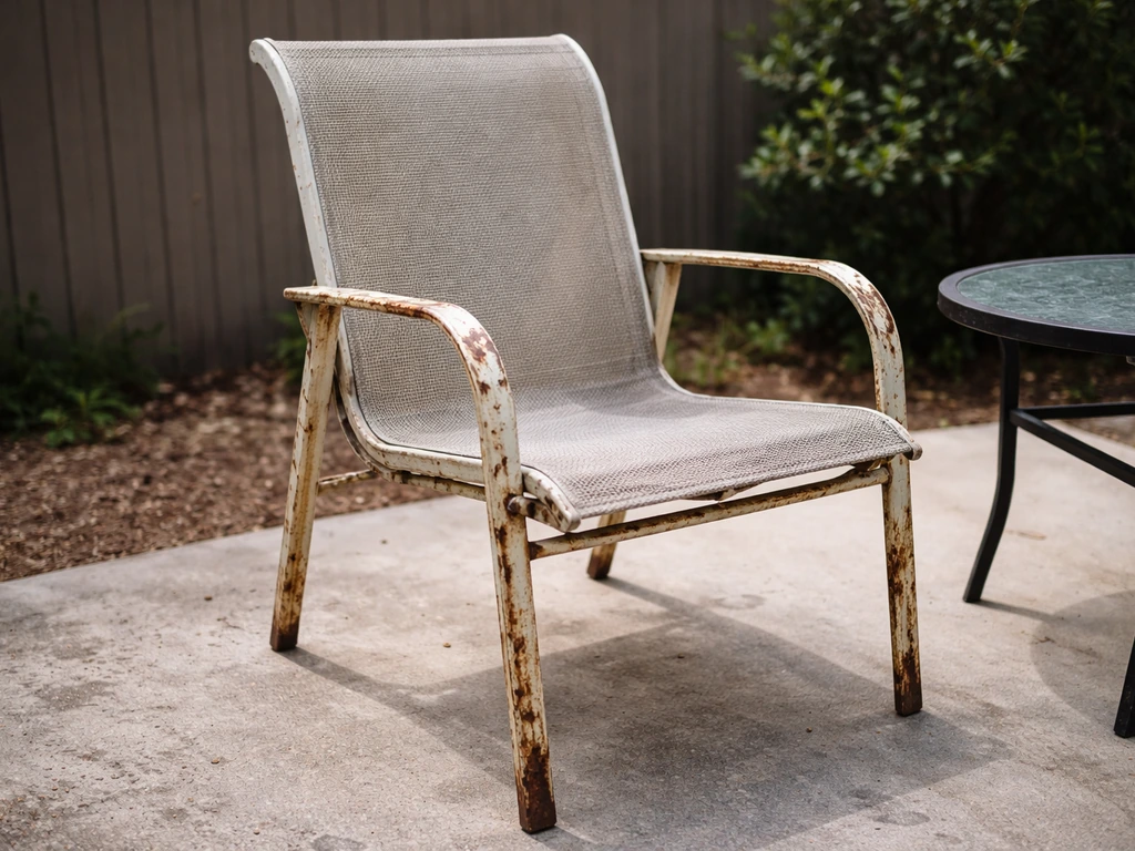 Weathered outdoor patio chair with faded, rusted metal and worn surfaces on a simple concrete patio.