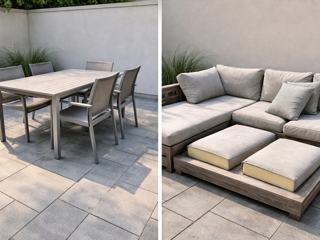 Side-by-side patio dining table with slings and a lounge sectional showing exposed cushions and foam.
