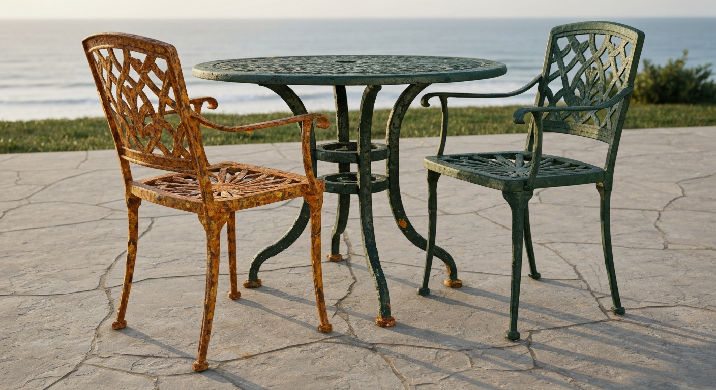 Cast iron patio chair and table on a stone patio showing rust spots on one piece and intact powder-coat on another.