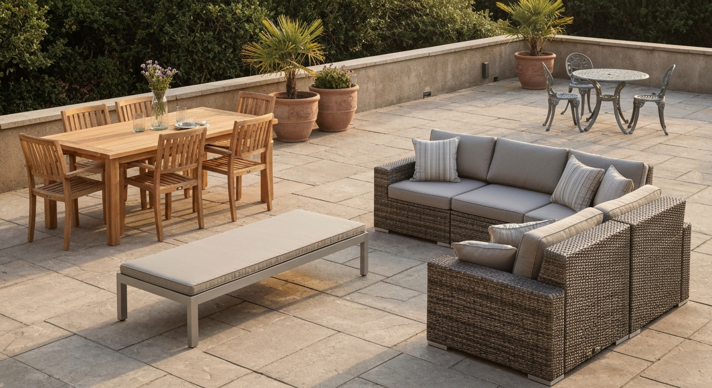 Outdoor patio at golden hour showing teak table, aluminum lounge set, HDPE wicker sectional, and cast-iron bistro chairs, highlighting material textures.