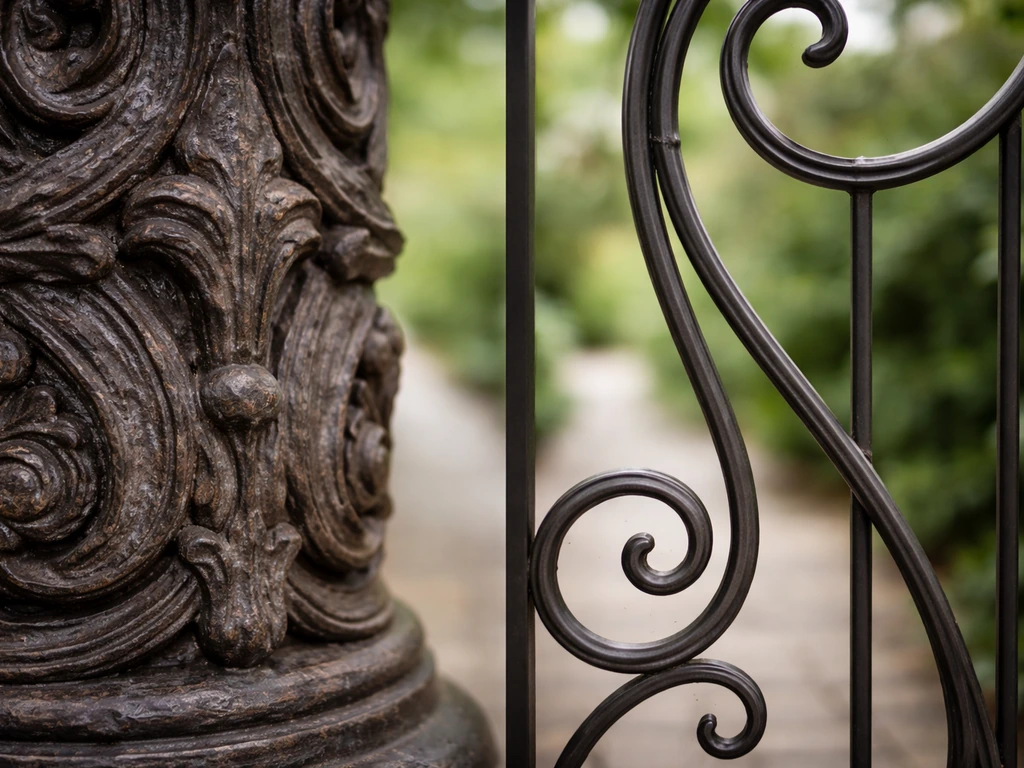 Ornate cast-iron decorative piece beside a flowing wrought-iron fence section on a quiet patio