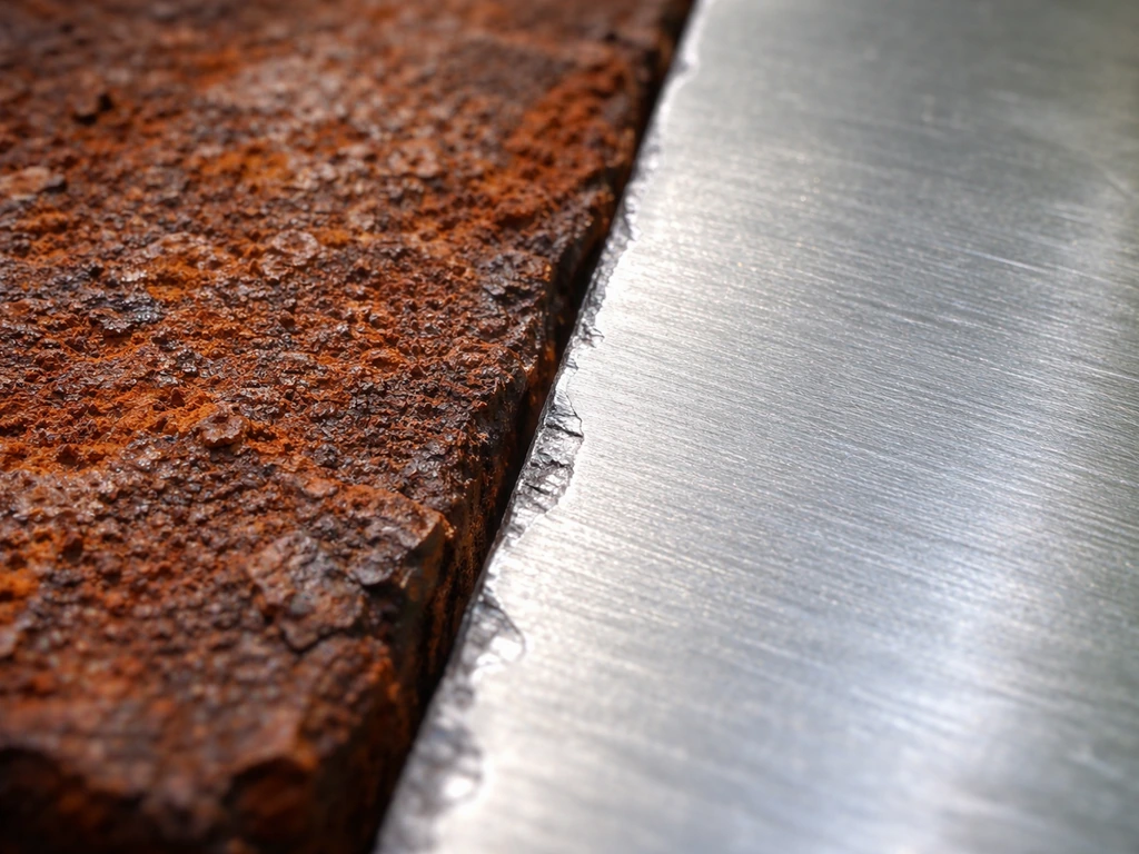 Macro view of rusty cast iron beside clean aluminum with a faint protective oxide sheen, minimal background.