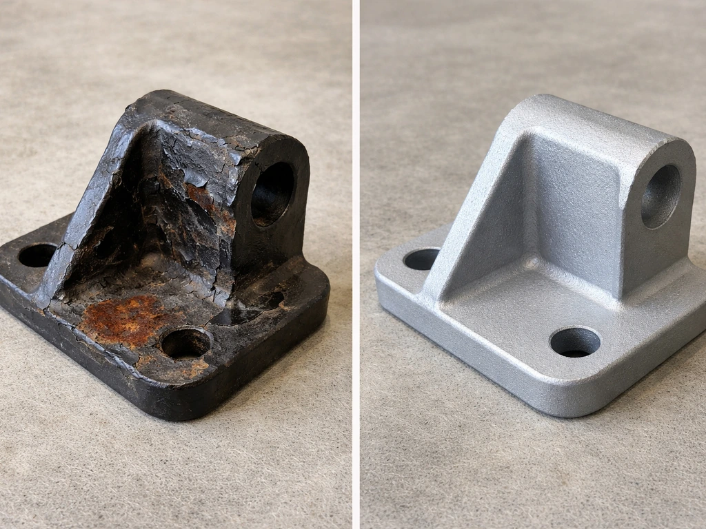 Split view of cast iron coating peeling to reveal rust versus intact cast aluminum surface side-by-side