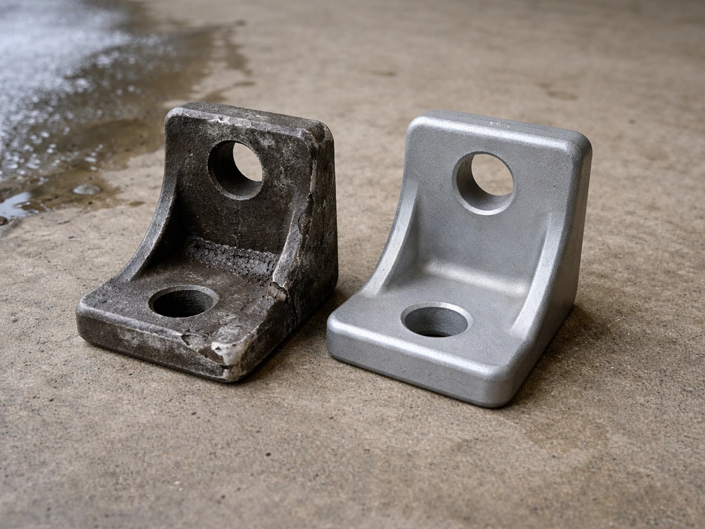 Cracked cast-iron component beside an intact cast-aluminum part, with subtle icy water suggesting freeze risk.