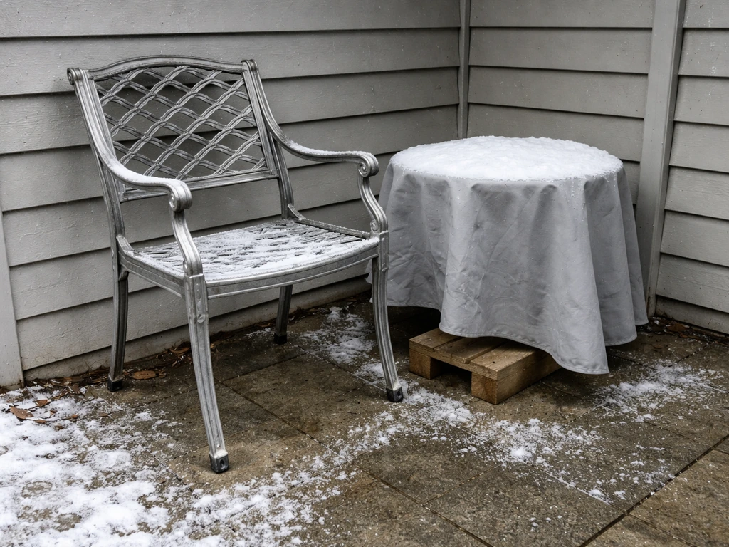 Cast aluminum patio furniture stored outdoors in winter with proper drainage setup and covers.
