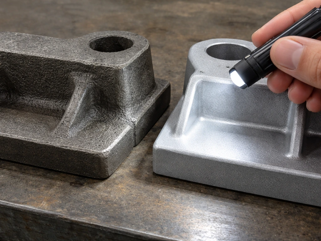 Close-up hand inspecting cast-iron texture and cast-aluminum finish at the edges under natural light.