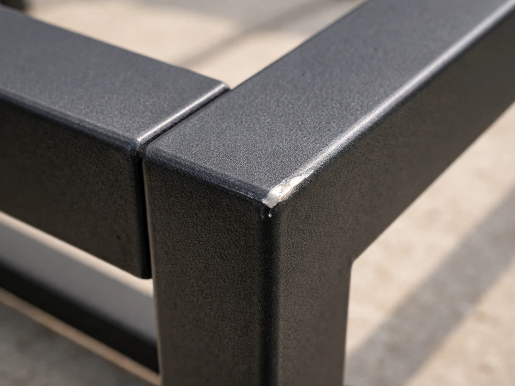 Close-up of powder-coated aluminum frame with welds and a small scratched/chipped finish area