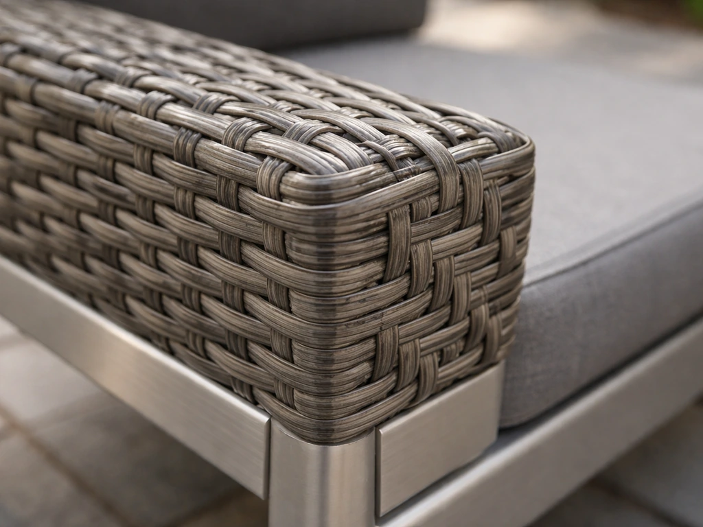 Close-up of HDPE resin wicker weave on a patio chair frame, showing durable outdoor construction.