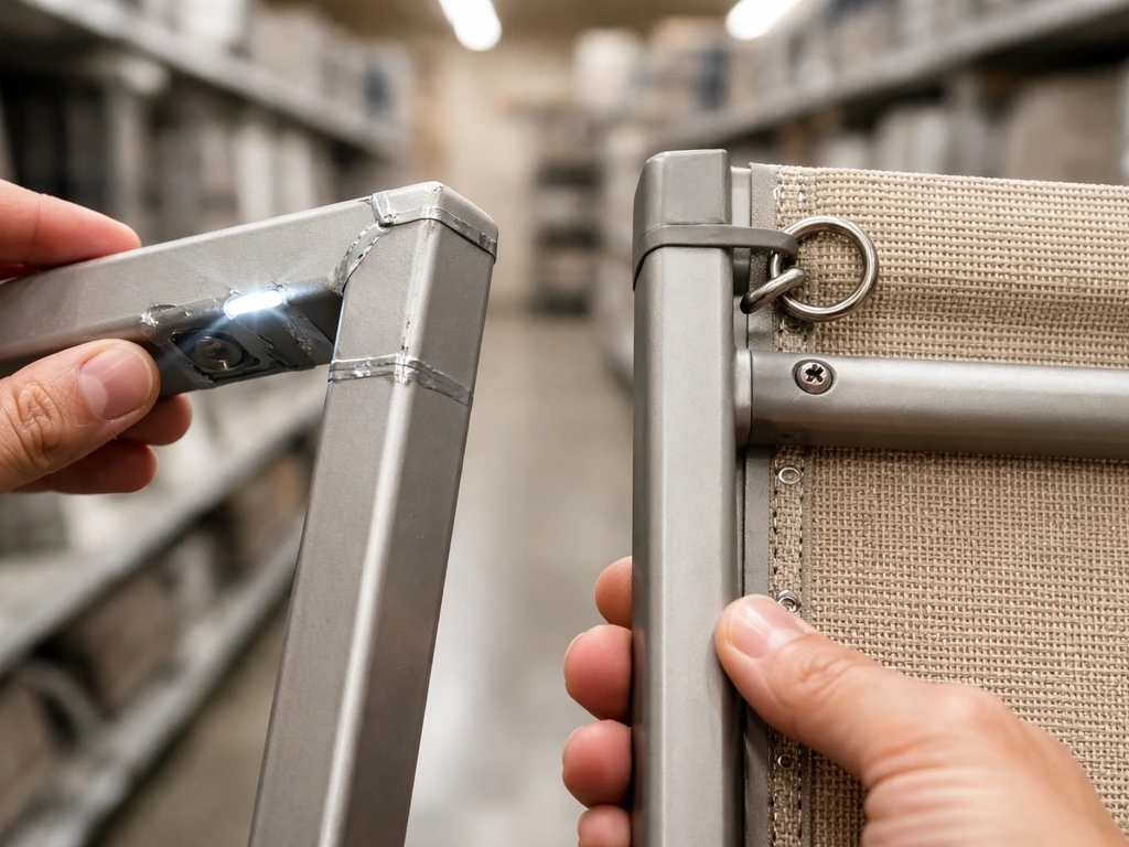 Anonymous hands inspecting metal joints, sling fabric, and hardware durability in a quiet showroom aisle.