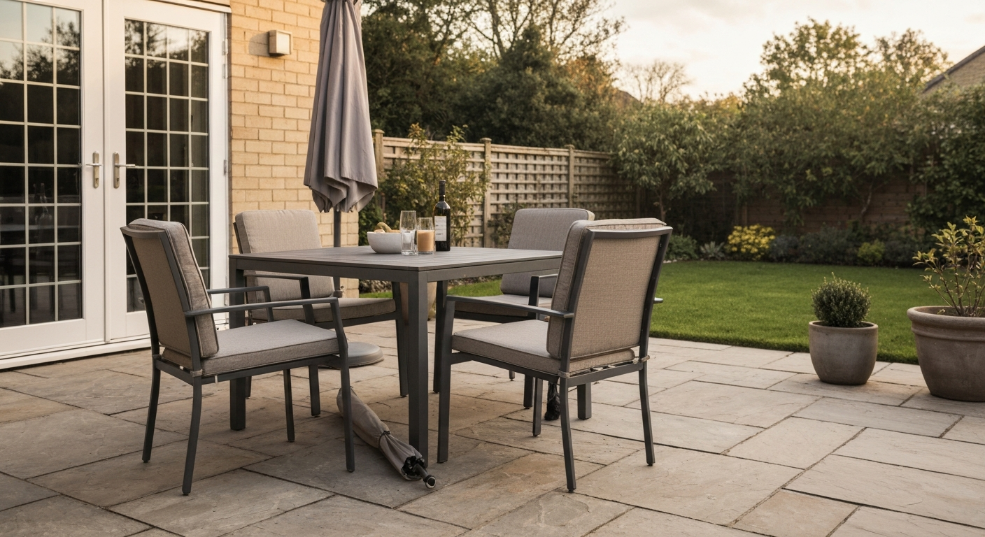 Modern powder-coated steel patio dining set with cushions on a sunny backyard stone patio.