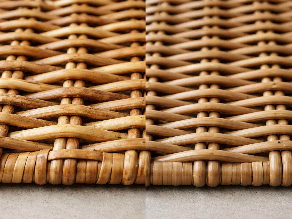 Close-up side-by-side real rattan cane and synthetic resin wicker with distinct textures.