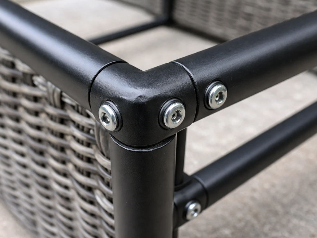 Close-up of an all-aluminum powder-coated wicker frame corner with bolts and connectors.