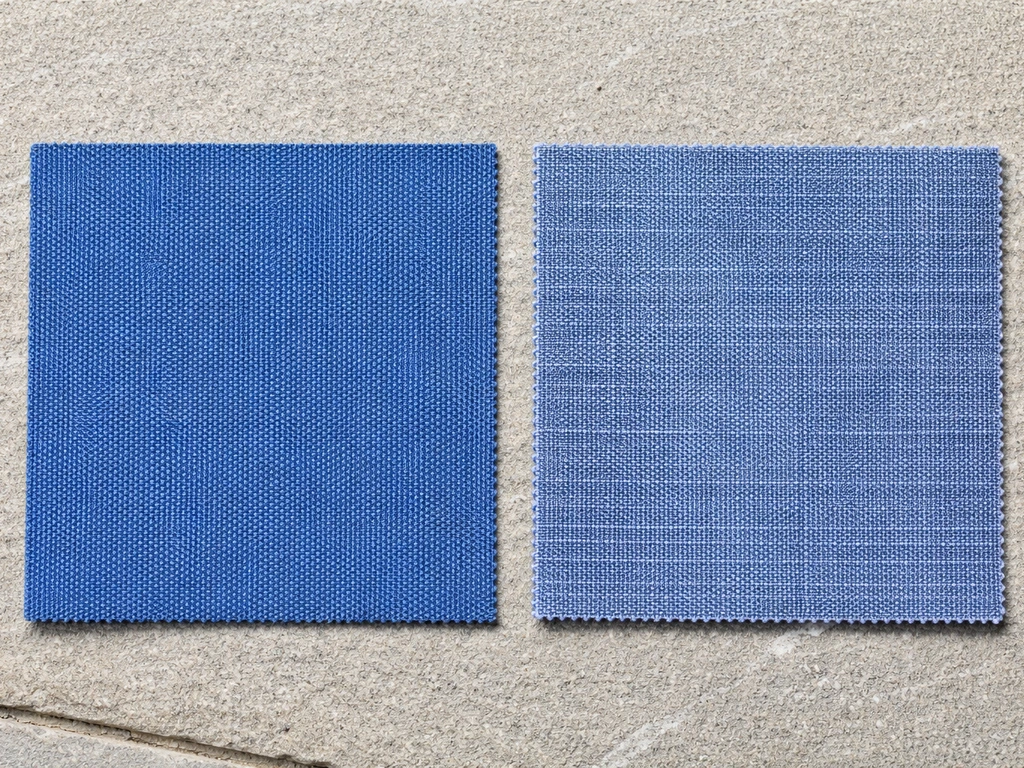 Two outdoor cushion fabric swatches side-by-side: uniform solution-dyed acrylic on the left vs printed fabric on the rig