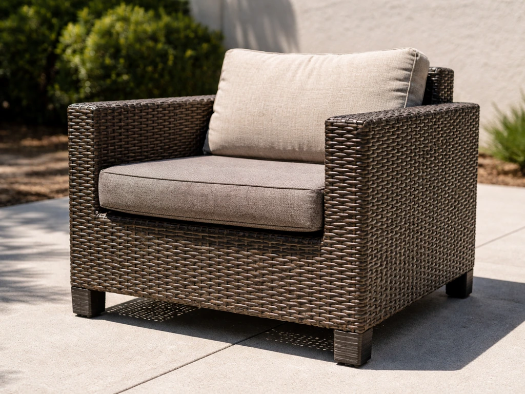Outdoor patio furniture under harsh midday sun, with one cushion faded from UV exposure