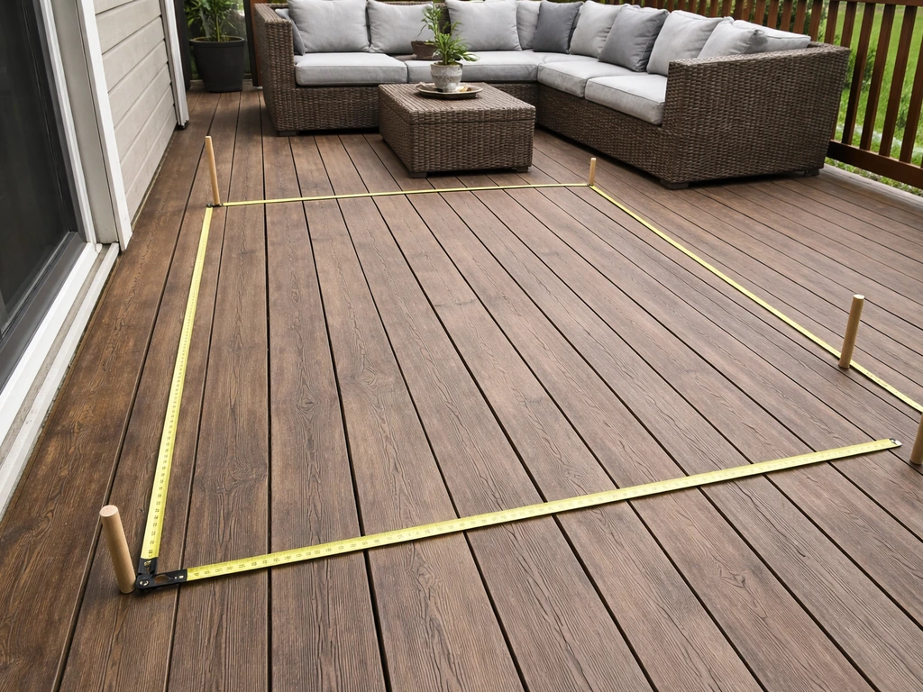 Tape measure and small stakes mark patio layout near a rattan seating set, showing walkway clearances.