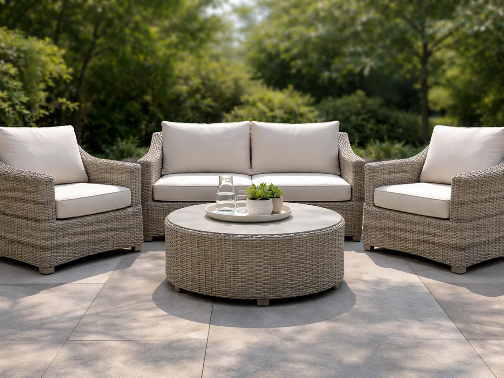Outdoor conversation set with woven loveseat, two armchairs, and round coffee table with beige cushions.